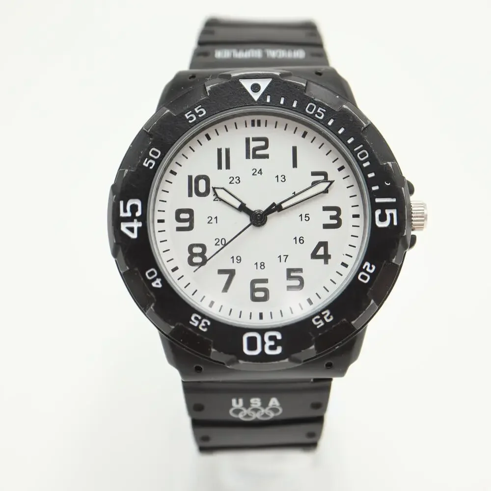 Mens 44mm Black White Easy Read Classic Sport Watch Black Band w New Battery